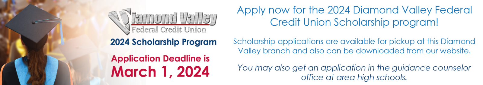 We are now accepting applications for the 2024 Diamond Valley Scholarship. Application Deadline is March 1st, 2023