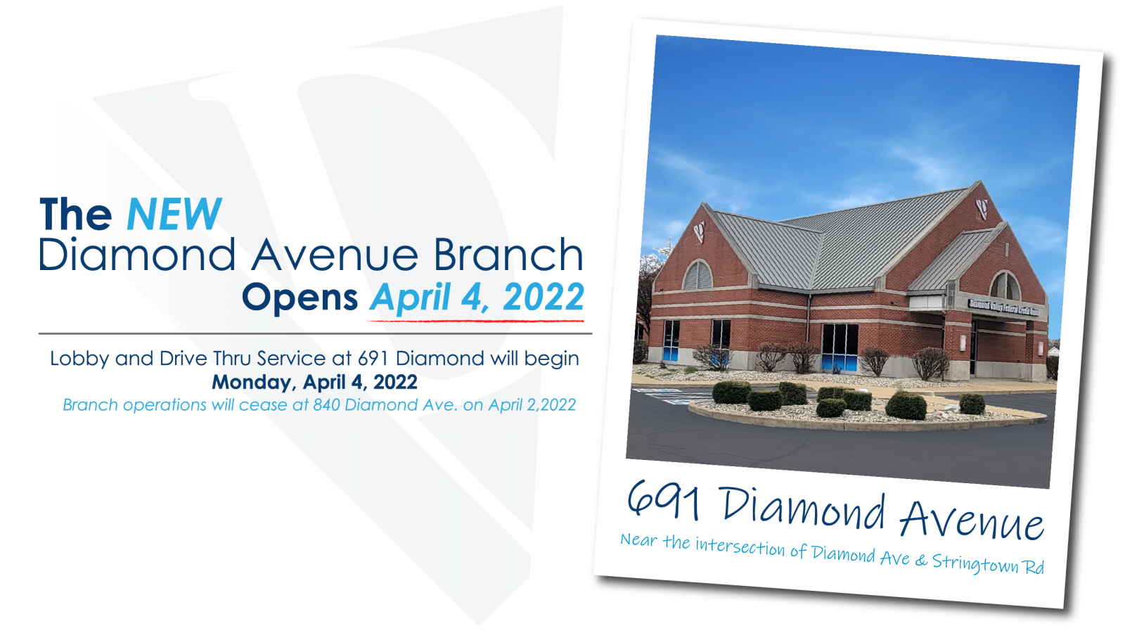 Picture of the new Diamond Avenue Branch located at 691 Diamond Ave in Evansville