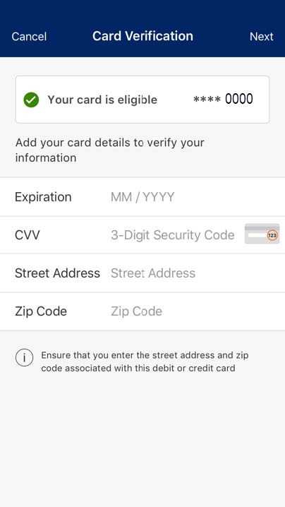 Once a valid card number is entered, cardholders are prompted for security verification information