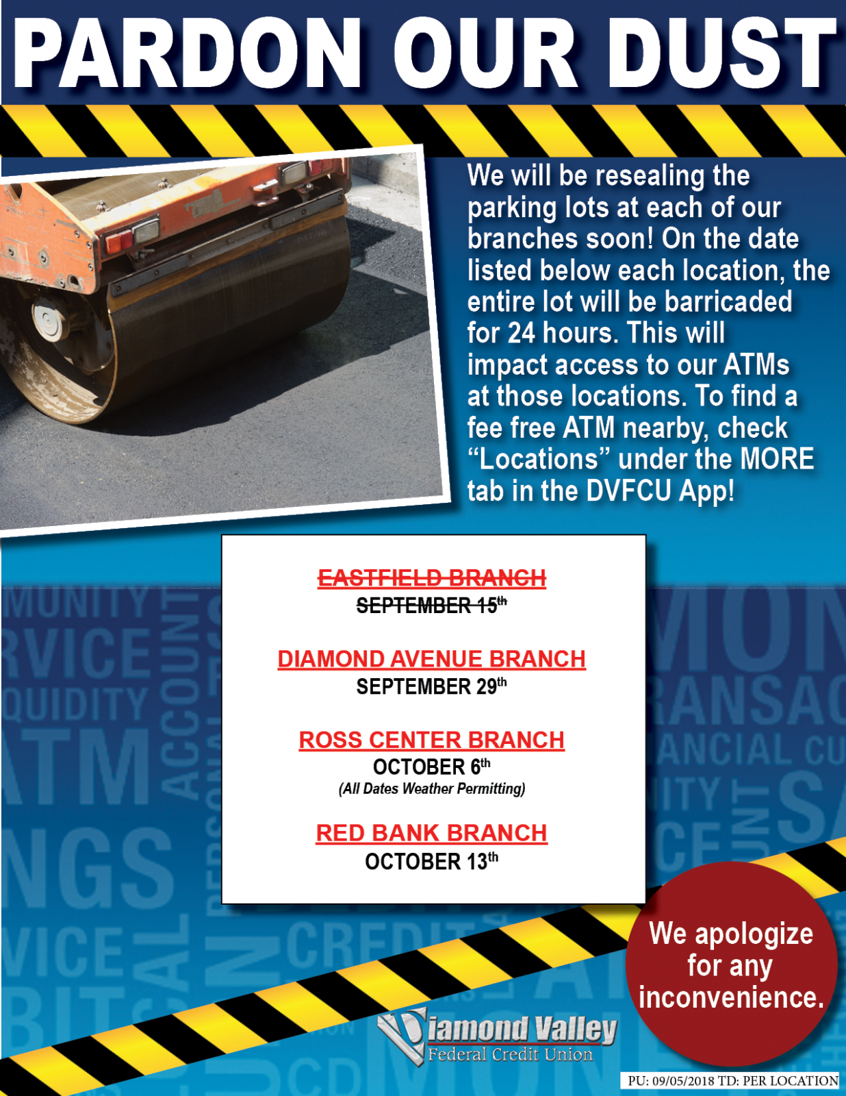 Parking Loat Resealing Taking Place In September and October At All DVFCU Branches